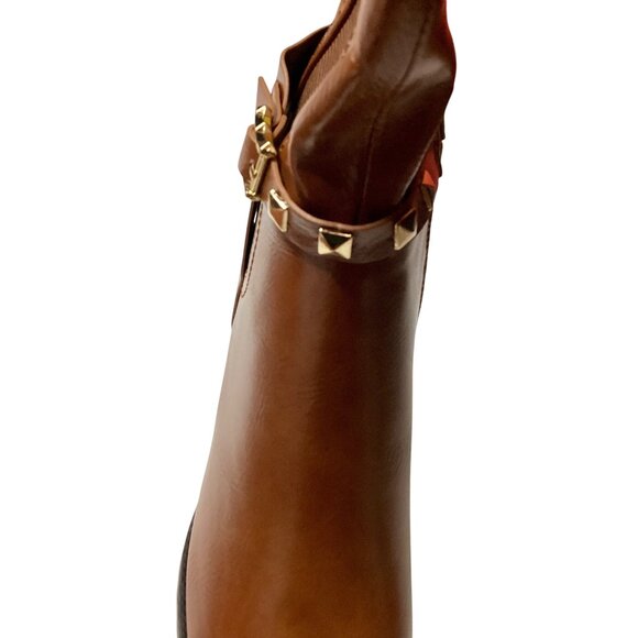Torgies Womens 6 Cognac Brown Faux Leather Riding Boots With Gold Studded Strap - Picture 8 of 16